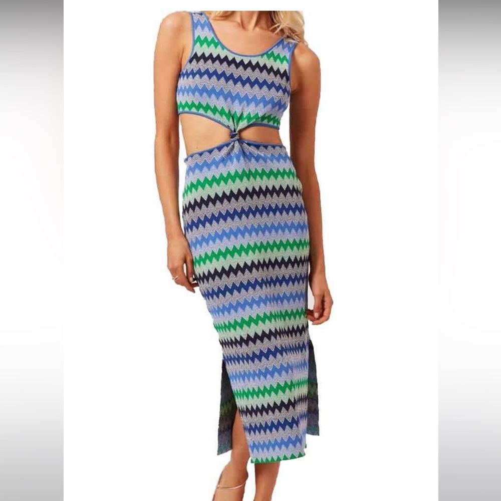 SOLID & STRIPED Blue, Green & Navy Zigzag Cutout Midi Dress